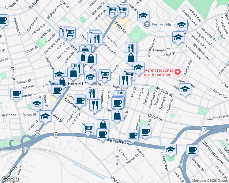 map of restaurants, bars, coffee shops, grocery stores, and more near 131 High Street in Everett