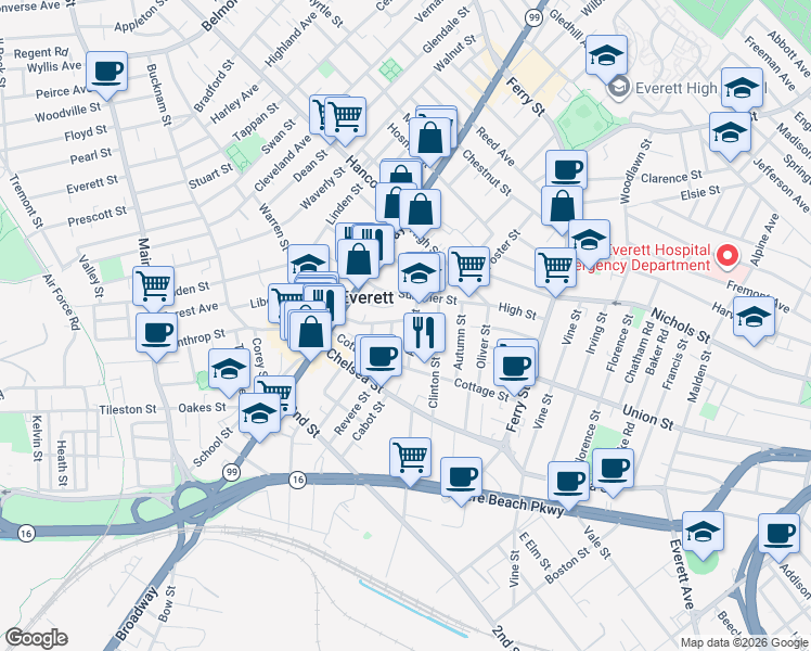 map of restaurants, bars, coffee shops, grocery stores, and more near 48 Argyle Street in Everett