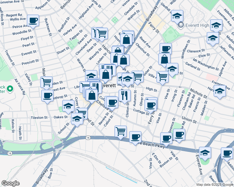 map of restaurants, bars, coffee shops, grocery stores, and more near 48 Argyle Street in Everett