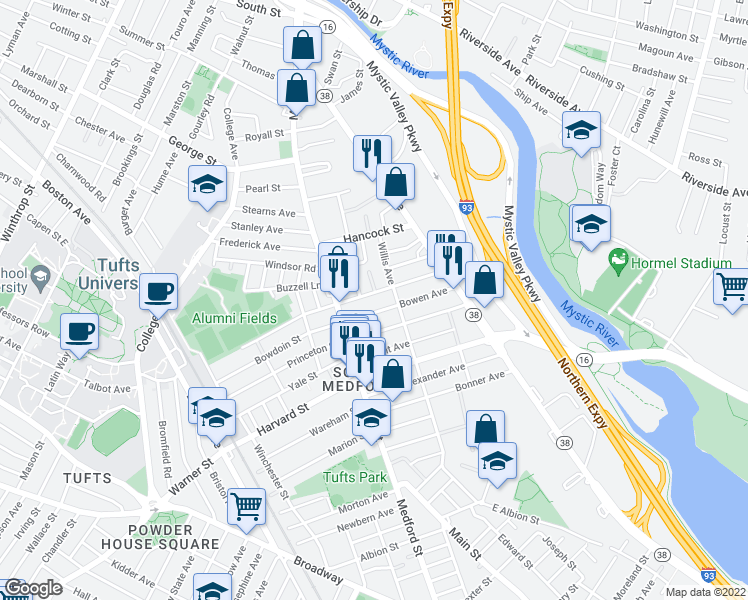 map of restaurants, bars, coffee shops, grocery stores, and more near 32 Billings Avenue in Medford