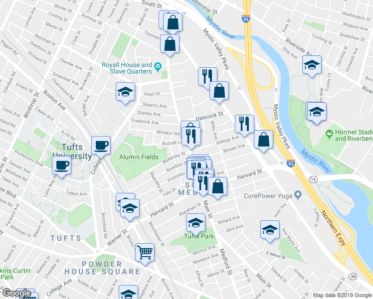 map of restaurants, bars, coffee shops, grocery stores, and more near 308 Main Street in Medford