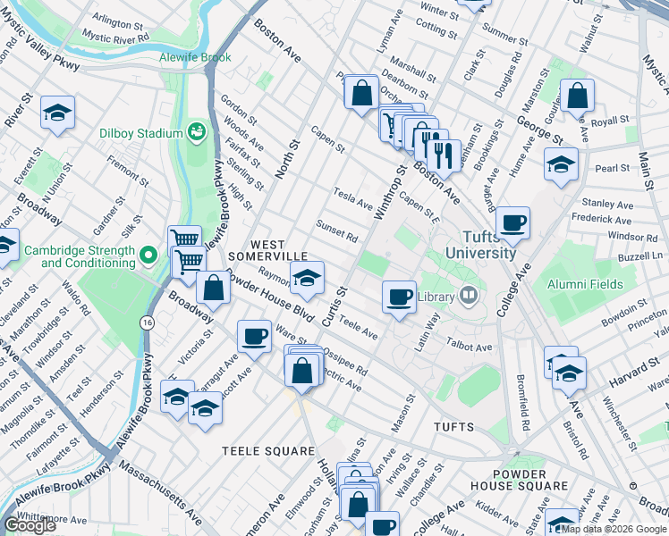map of restaurants, bars, coffee shops, grocery stores, and more near 27 Curtis Avenue in Somerville