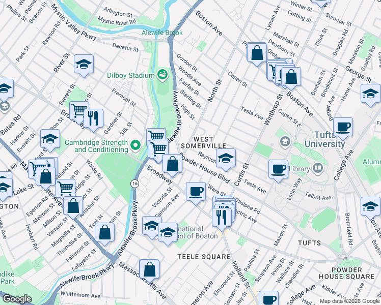 map of restaurants, bars, coffee shops, grocery stores, and more near 66 North Street in Somerville