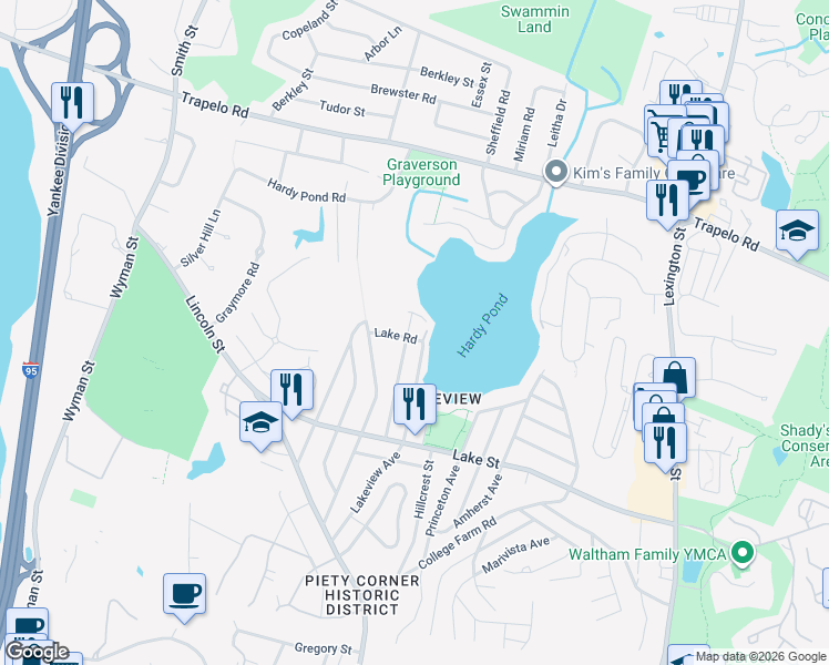 map of restaurants, bars, coffee shops, grocery stores, and more near 115 Lakeview Terrace in Waltham