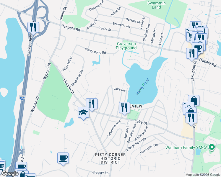 map of restaurants, bars, coffee shops, grocery stores, and more near 33 Lake Road in Waltham