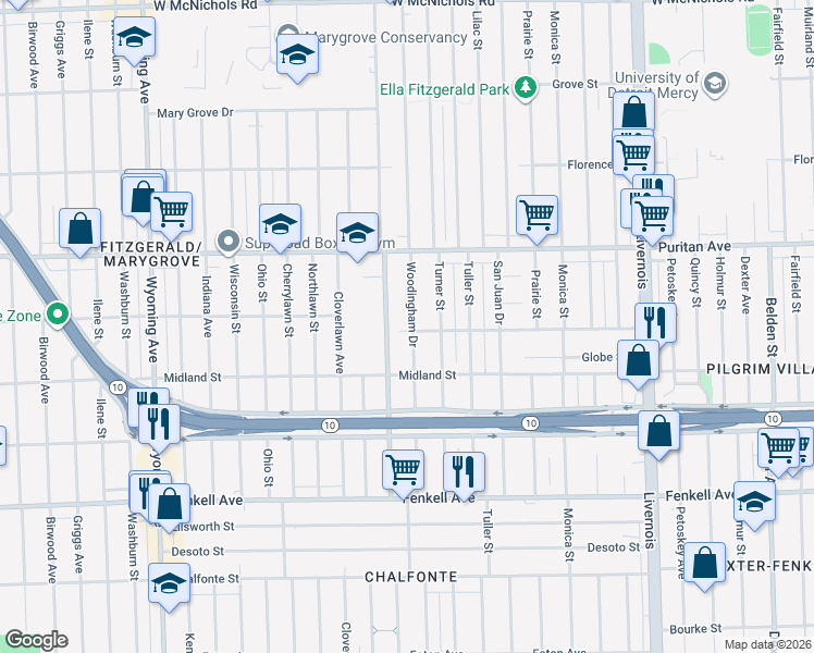 map of restaurants, bars, coffee shops, grocery stores, and more near 15830 Woodingham Drive in Detroit