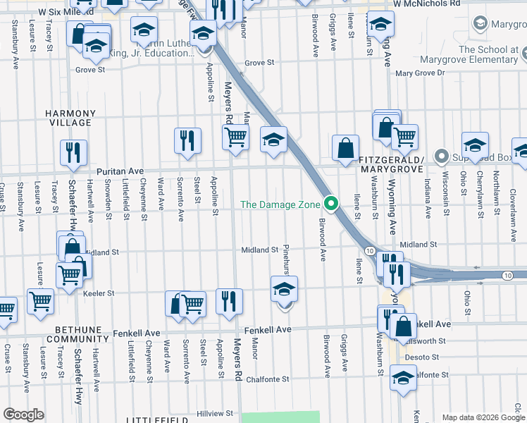 map of restaurants, bars, coffee shops, grocery stores, and more near 15821 Monte Vista Street in Detroit