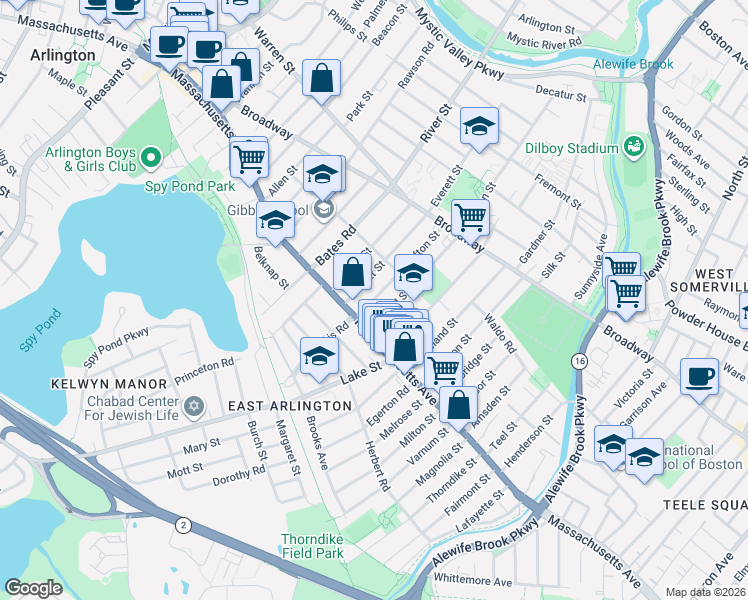 map of restaurants, bars, coffee shops, grocery stores, and more near 17 Grafton St in Arlington