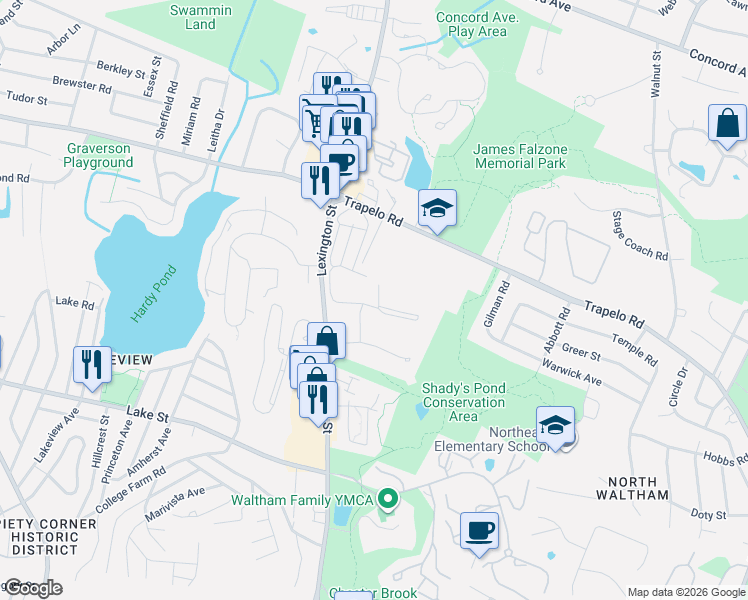 map of restaurants, bars, coffee shops, grocery stores, and more near 29 Jacqueline Road in Waltham