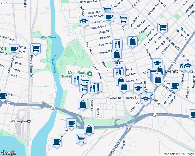 map of restaurants, bars, coffee shops, grocery stores, and more near 1101 Air Force Road in Everett