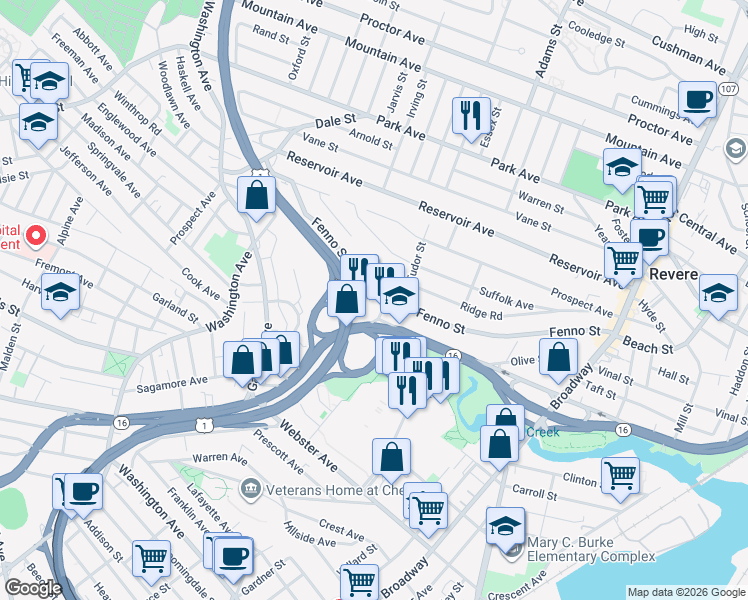 map of restaurants, bars, coffee shops, grocery stores, and more near 295 Fenno Street in Revere