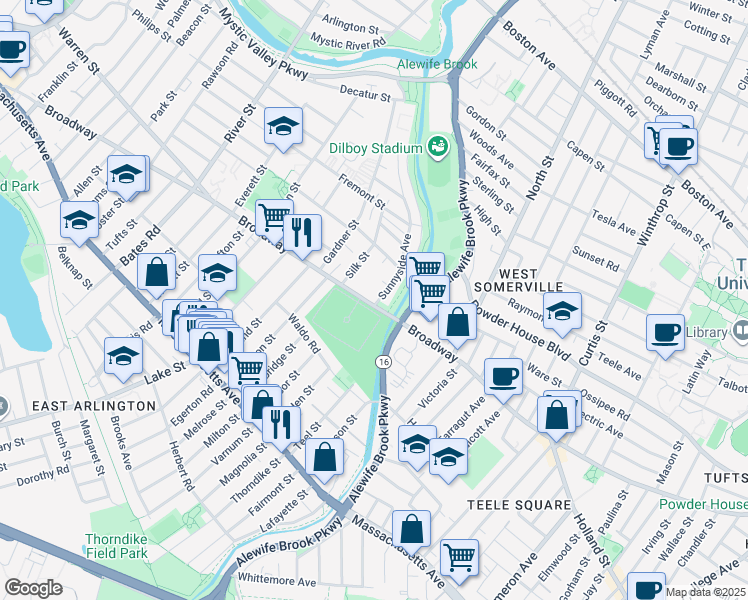 map of restaurants, bars, coffee shops, grocery stores, and more near 10 Sunnyside Avenue in Arlington