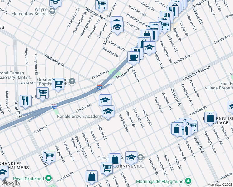 map of restaurants, bars, coffee shops, grocery stores, and more near 5815 Haverhill Street in Detroit