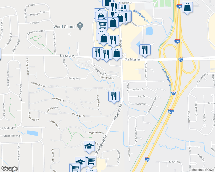 map of restaurants, bars, coffee shops, grocery stores, and more near 39426 Oakmont Court in Northville