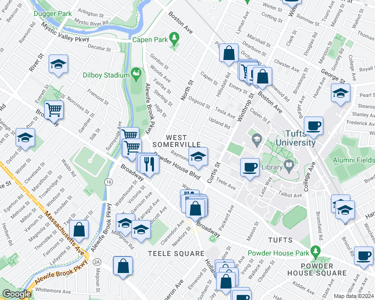 map of restaurants, bars, coffee shops, grocery stores, and more near 58 Conwell Avenue in Somerville