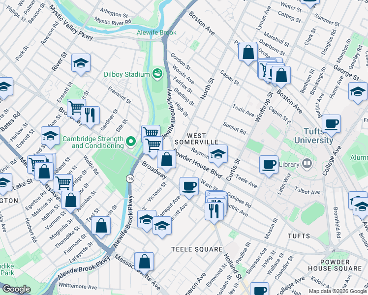 map of restaurants, bars, coffee shops, grocery stores, and more near 66 North Street in Somerville