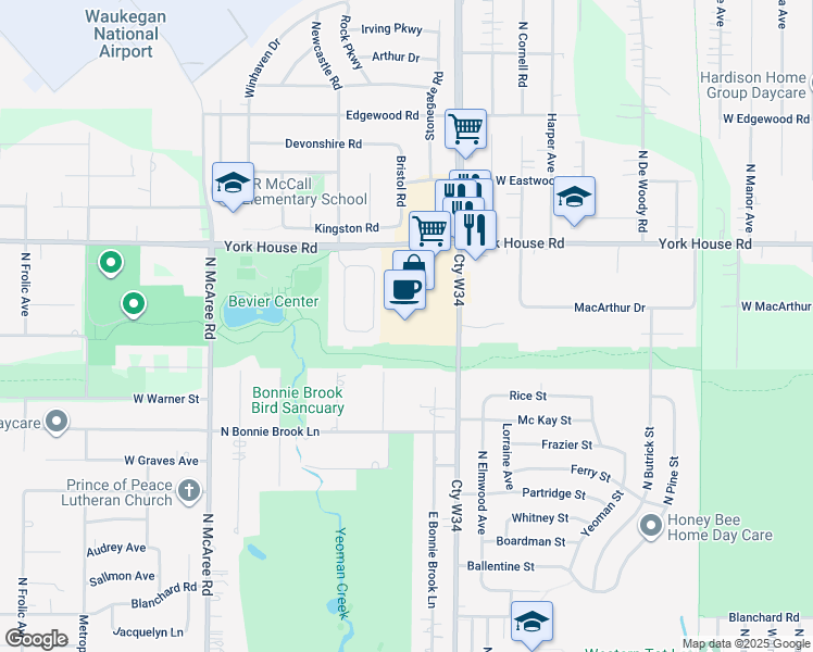 map of restaurants, bars, coffee shops, grocery stores, and more near 3050 North Lewis Avenue in Waukegan