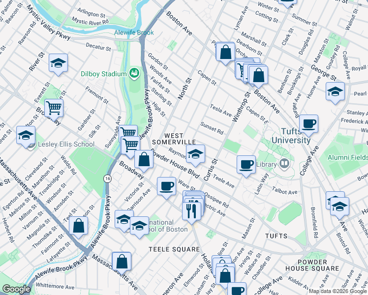 map of restaurants, bars, coffee shops, grocery stores, and more near 54 Curtis Avenue in Somerville