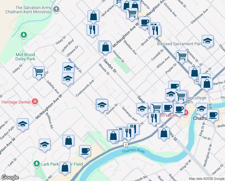 map of restaurants, bars, coffee shops, grocery stores, and more near 154 Semenyn Avenue in Chatham