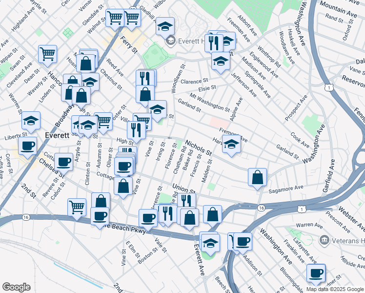 map of restaurants, bars, coffee shops, grocery stores, and more near Florence Street in Everett
