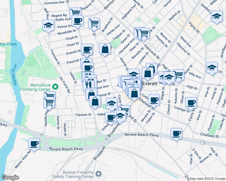 map of restaurants, bars, coffee shops, grocery stores, and more near 55 Forest Avenue in Everett