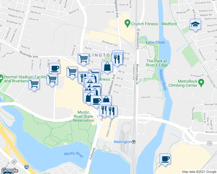 map of restaurants, bars, coffee shops, grocery stores, and more near 167 Middlesex Avenue in Medford