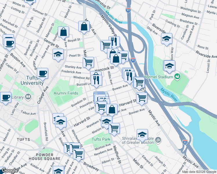 map of restaurants, bars, coffee shops, grocery stores, and more near 32 Billings Avenue in Medford