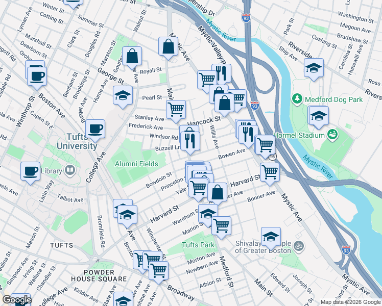 map of restaurants, bars, coffee shops, grocery stores, and more near 308 Main Street in Medford