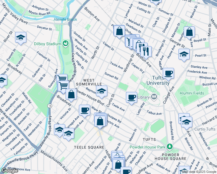 map of restaurants, bars, coffee shops, grocery stores, and more near 27 Curtis Avenue in Somerville