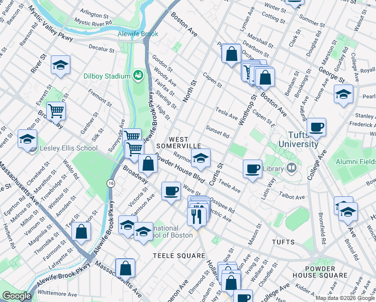 map of restaurants, bars, coffee shops, grocery stores, and more near 54 Curtis Avenue in Somerville