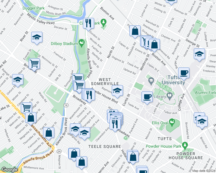 map of restaurants, bars, coffee shops, grocery stores, and more near 82 Conwell Avenue in Somerville