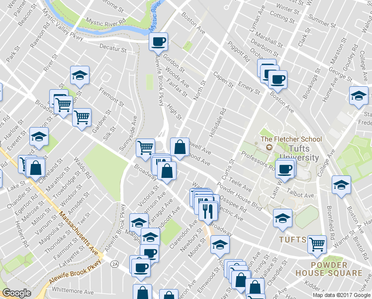 map of restaurants, bars, coffee shops, grocery stores, and more near in Somerville