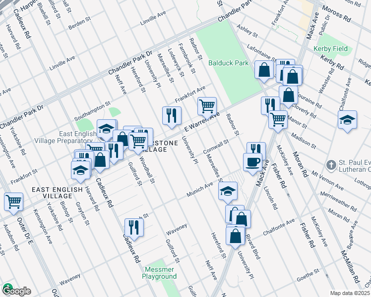 map of restaurants, bars, coffee shops, grocery stores, and more near 4850 University Place in Detroit