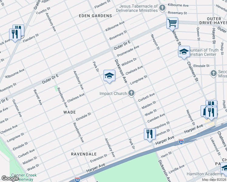 map of restaurants, bars, coffee shops, grocery stores, and more near 9860 Park Drive in Detroit