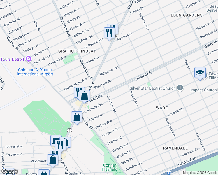 map of restaurants, bars, coffee shops, grocery stores, and more near 11710 Rosemary Street in Detroit
