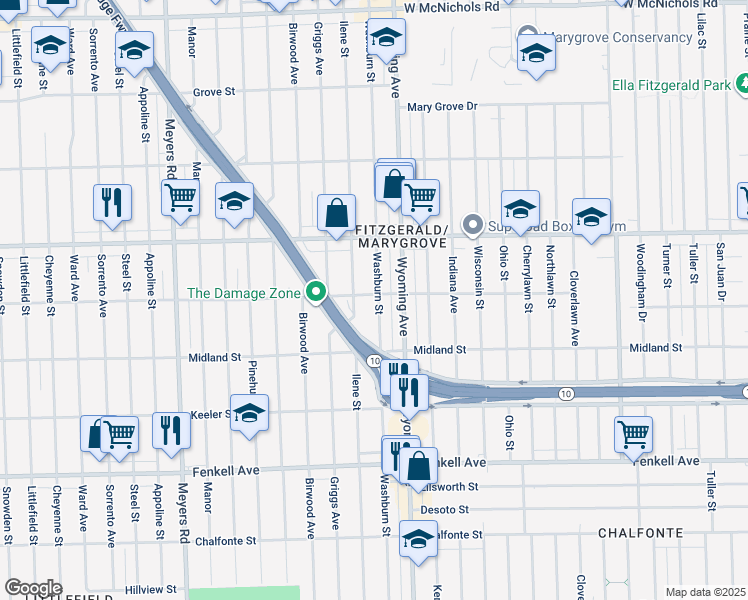 map of restaurants, bars, coffee shops, grocery stores, and more near 15801 Washburn Street in Detroit