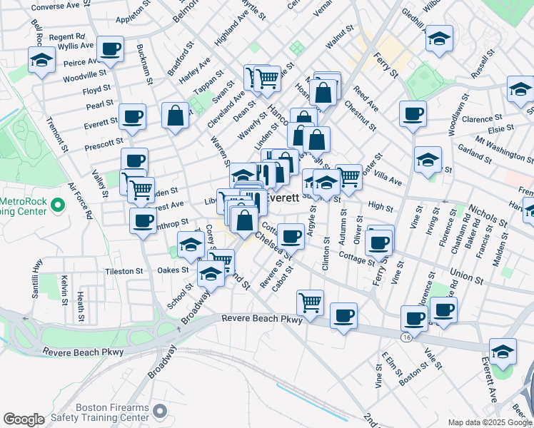 map of restaurants, bars, coffee shops, grocery stores, and more near 466 Broadway in Everett