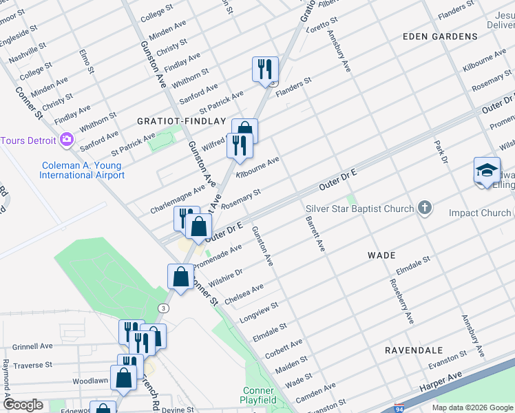 map of restaurants, bars, coffee shops, grocery stores, and more near 11710 Rosemary Street in Detroit