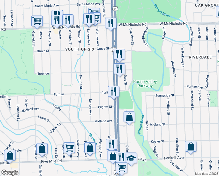 map of restaurants, bars, coffee shops, grocery stores, and more near 16130 Woodbine Street in Detroit