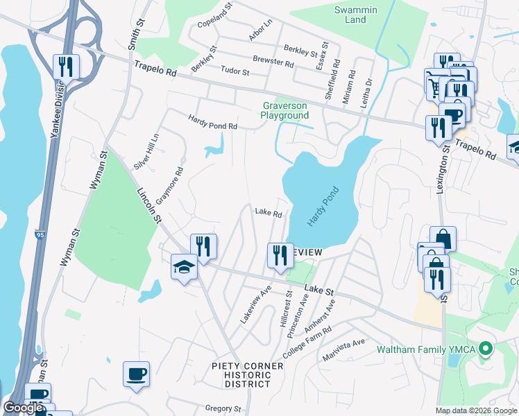 map of restaurants, bars, coffee shops, grocery stores, and more near 33 Lake Road in Waltham