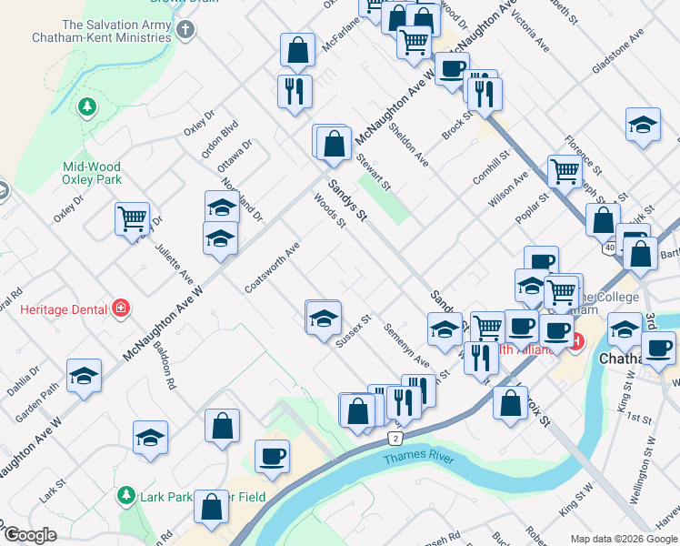 map of restaurants, bars, coffee shops, grocery stores, and more near 154 Semenyn Avenue in Chatham