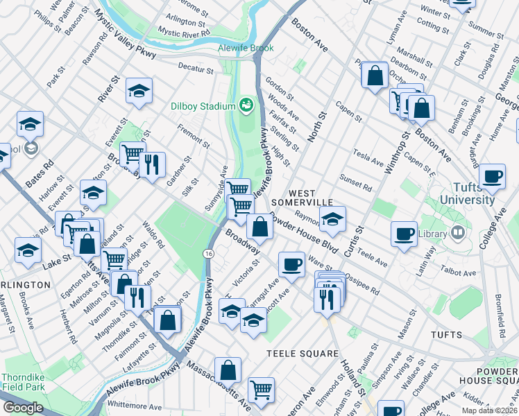 map of restaurants, bars, coffee shops, grocery stores, and more near 278 Powder House Boulevard in Somerville