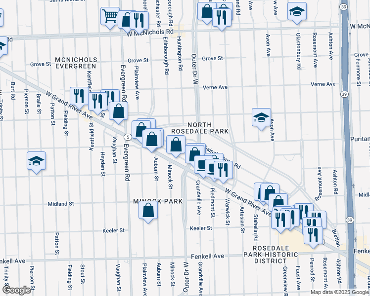 map of restaurants, bars, coffee shops, grocery stores, and more near 9514 Outer Drive West in Detroit