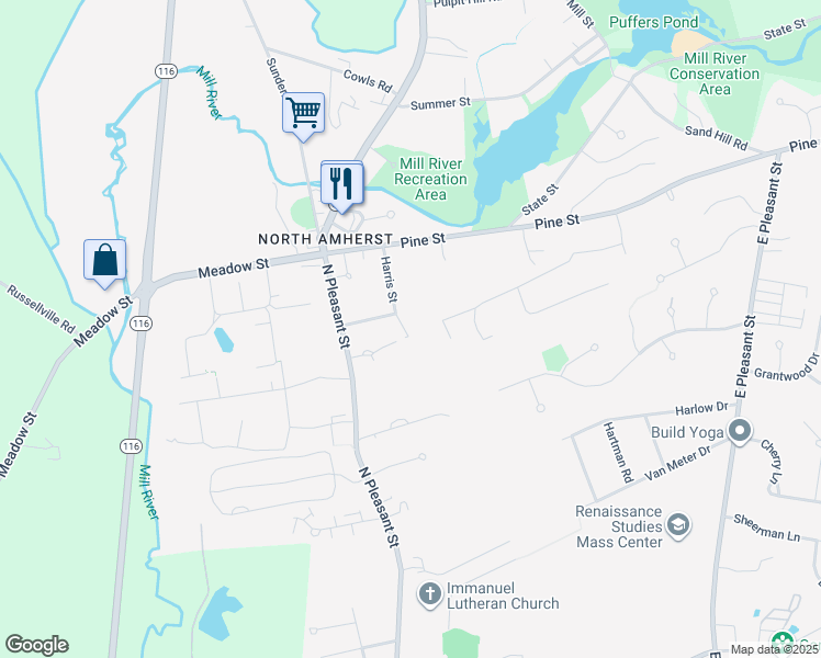 map of restaurants, bars, coffee shops, grocery stores, and more near 47 Fisher Street in Amherst