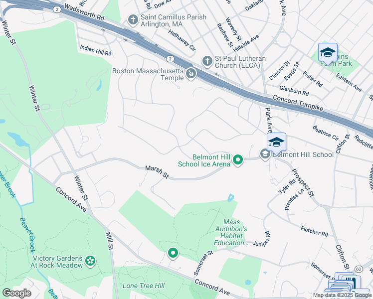 map of restaurants, bars, coffee shops, grocery stores, and more near 134 Wellesley Road in Belmont
