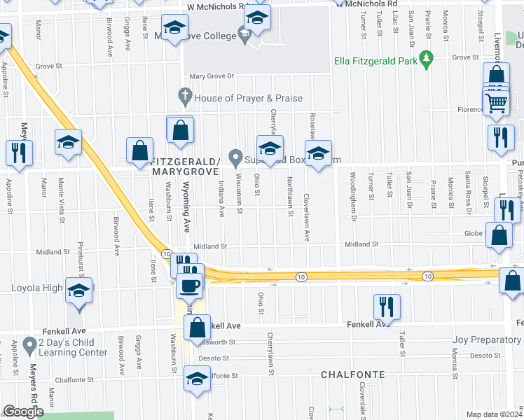map of restaurants, bars, coffee shops, grocery stores, and more near 15794 Ohio Street in Detroit