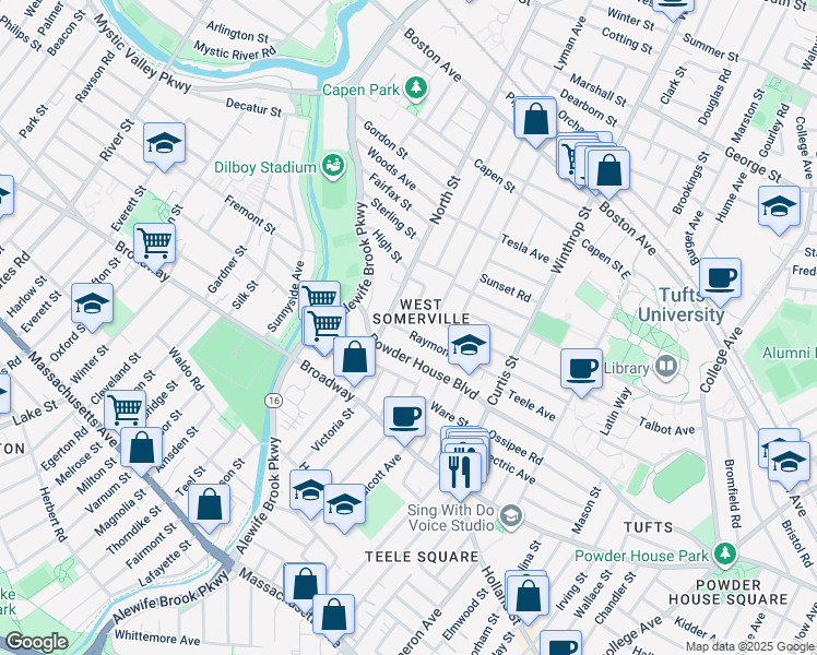 map of restaurants, bars, coffee shops, grocery stores, and more near 91 Raymond Avenue in Somerville