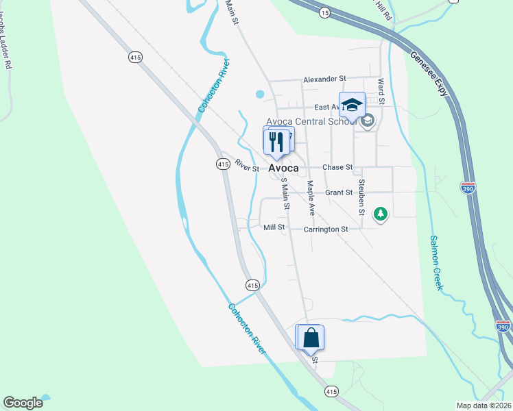 map of restaurants, bars, coffee shops, grocery stores, and more near 4 Exchange Street in Avoca