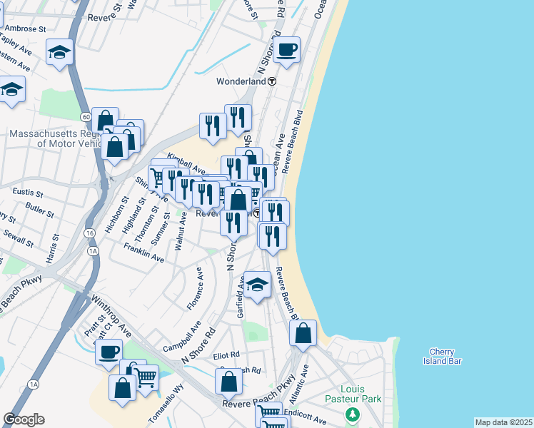 map of restaurants, bars, coffee shops, grocery stores, and more near 300 Ocean Avenue in Revere