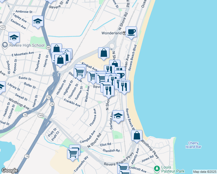 map of restaurants, bars, coffee shops, grocery stores, and more near 1510 North Shore Road in Revere